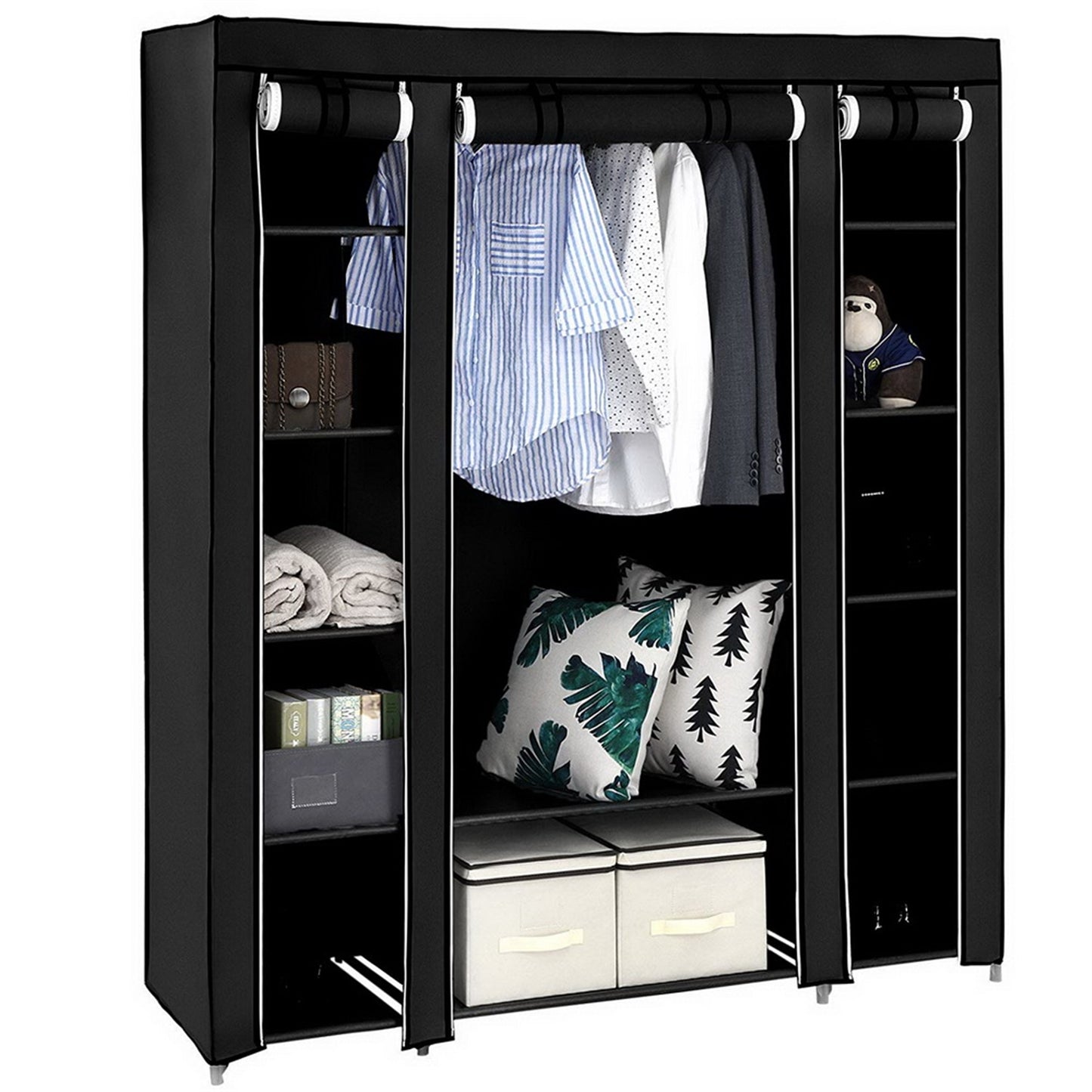 69" Portable Clothes Closet Wardrobe Storage Organizer with Non-Woven Fabric Quick and Easy to Assemble Extra Strong and Durable Black